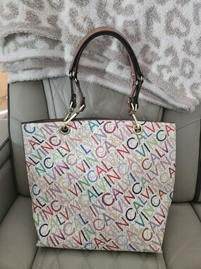Calvin Klein White Multicolor Logo Tote with Brown Handles